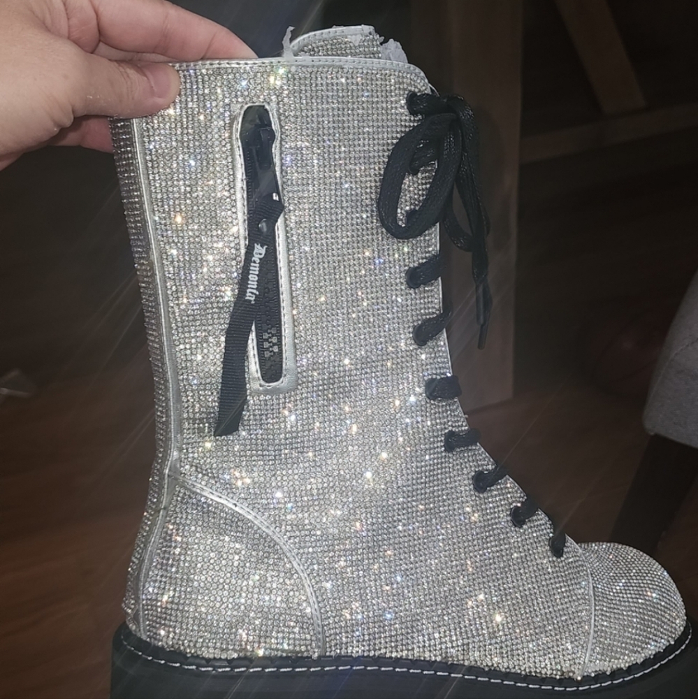 Demonia Sparkling Silver Platform Rave Boots - Picture 2 of 2